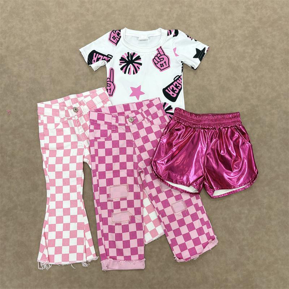 RTS NO MOQ Sibling baby girl clothes cheer short sleeve jeans sets