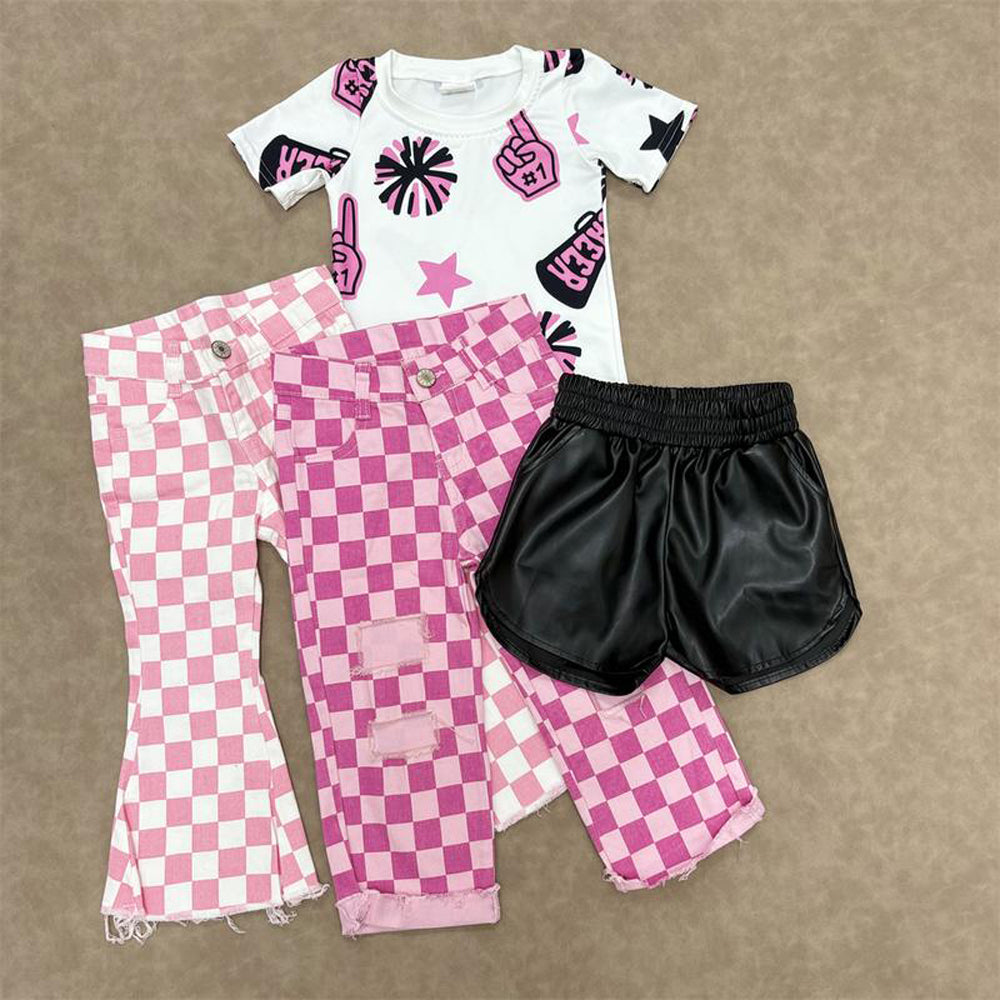 RTS NO MOQ Sibling baby girl clothes cheer short sleeve jeans sets