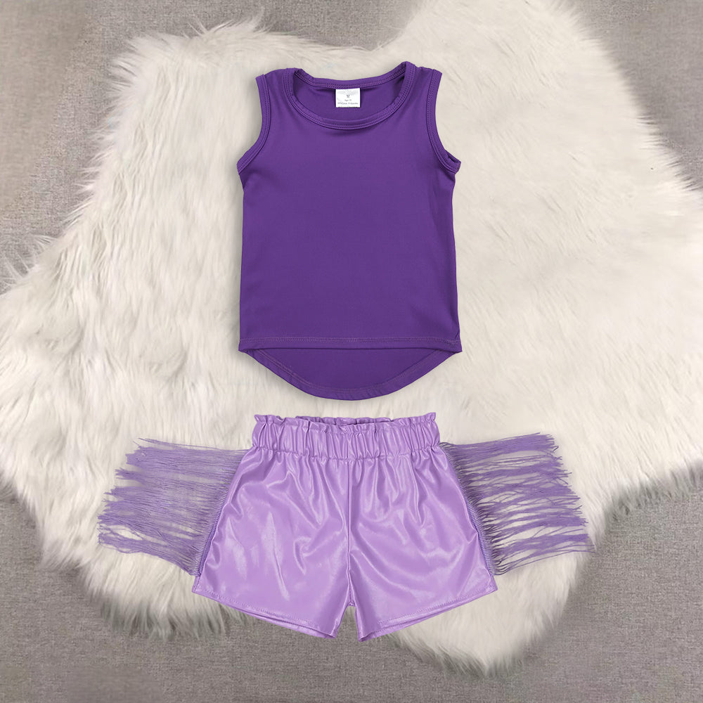 RTS NO MOQ(In Stock) yoga purple sleeveless top shiny leather fringed shorts sets