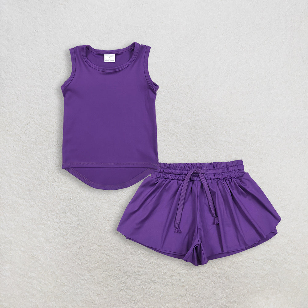 RTS NO MOQ GT0996+SS0602 Baby Girls Purple Sleeveless Yoga Active Tee Shirts Vests And Yoga Shorts Set Toddler Outfit