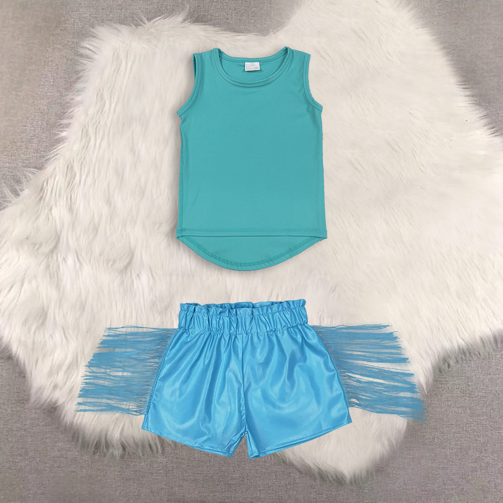 RTS NO MOQ(In Stock) yoga sleeveless top shiny leather fringed shorts sets