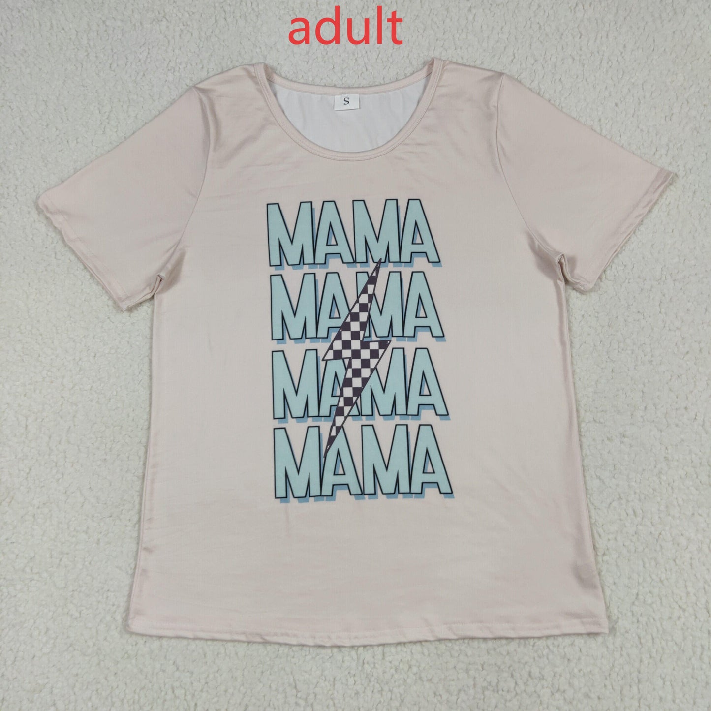 RTS NO MOQ(In Stock ) GT1019 Adult female mama black and white checkered lightning beige short-sleeved top