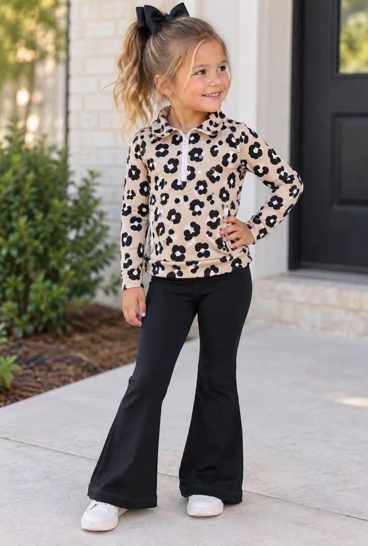 NEW RTS NO MOQ yoga fabric GLP2900(GT1072+P0578) Baby Girl Leopard Yoga Long Sleeve Trousers Sets
