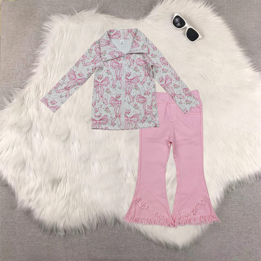 RTS NO MOQ(In Stock) GT1082+P0463 yoga floral bow zipper long sleeve top Pink tassel elastic waist denim pants sets