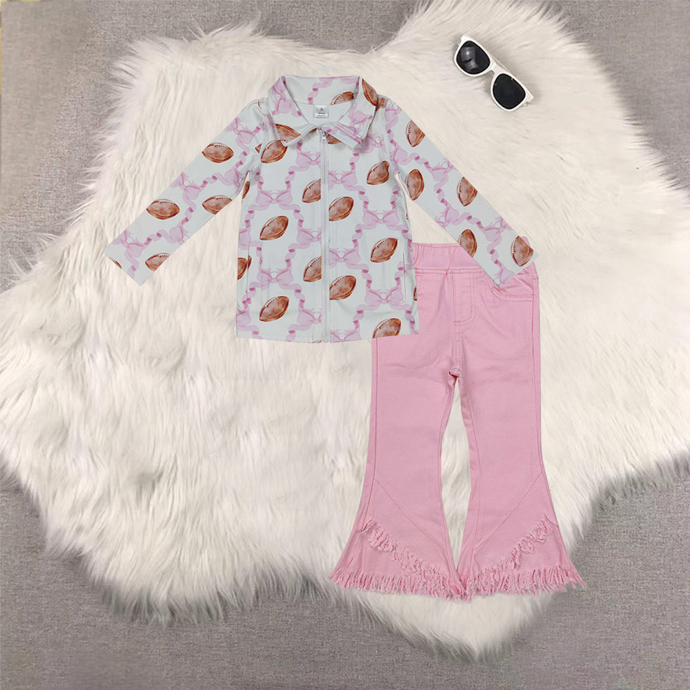 RTS NO MOQ(In Stock) GT1088+P0463 yoga rugby bow zipper long sleeve top Pink tassel elastic waist denim pants sets