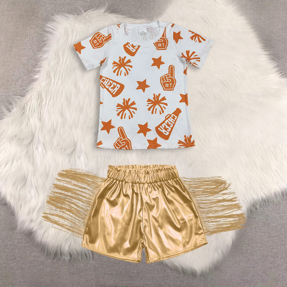 RTS NO MOQ(In Stock) short-sleeved top shiny leather fringed shorts sets\