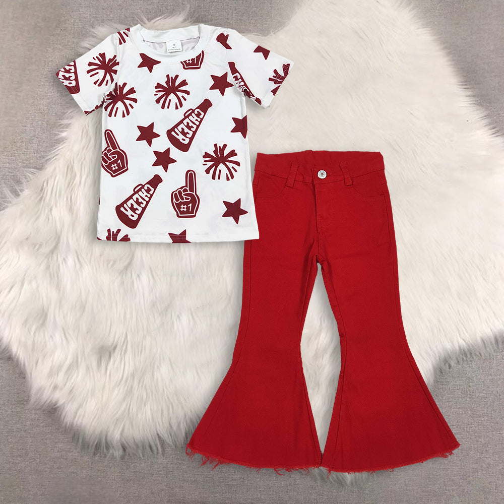 RTS NO MOQ(In Stock) baby girls clothes cheer short-sleeved top demin pants set