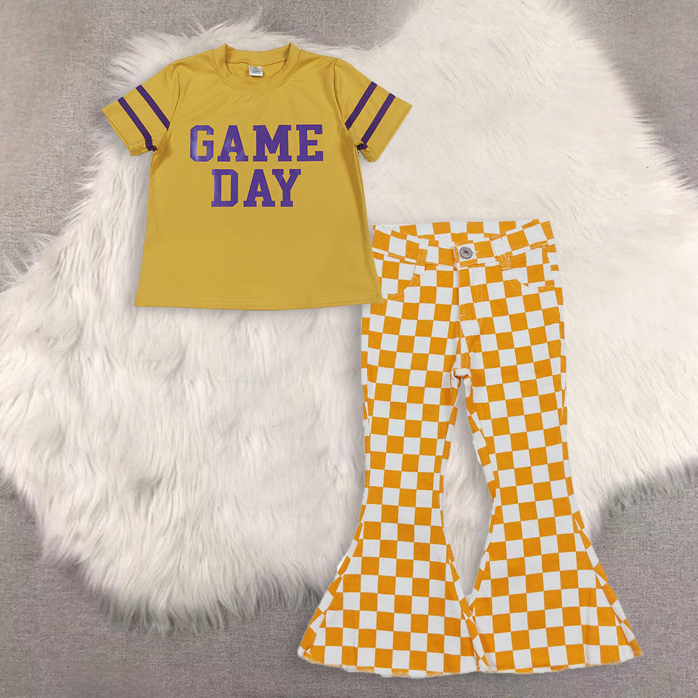 RTS NO MOQ(In Stock) game day short-sleeved top demin pants set