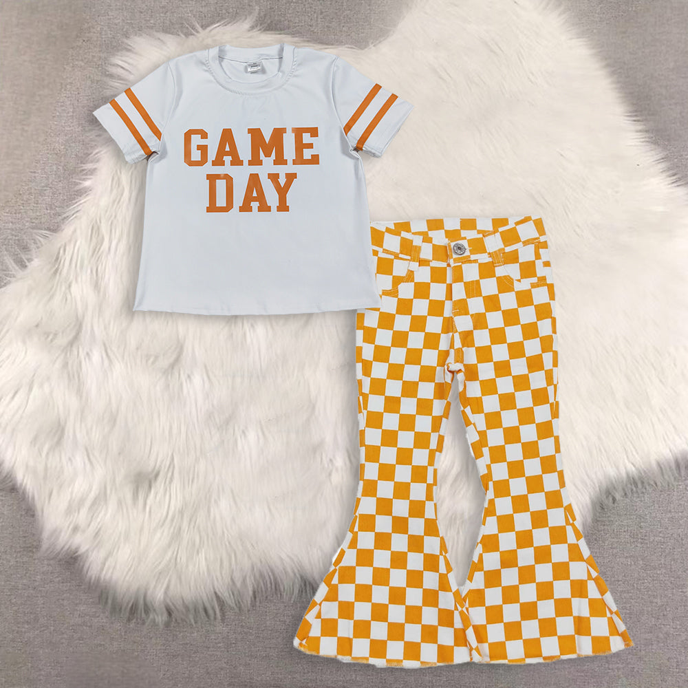 RTS NO MOQ(In Stock) game day short-sleeved top demin pants set