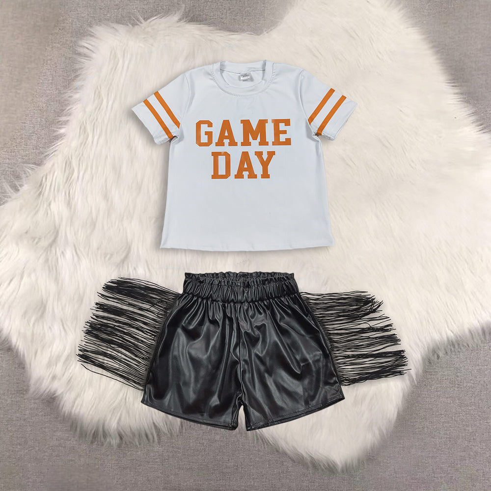 RTS NO MOQ(In Stock) short-sleeved top shiny leather fringed shorts sets
