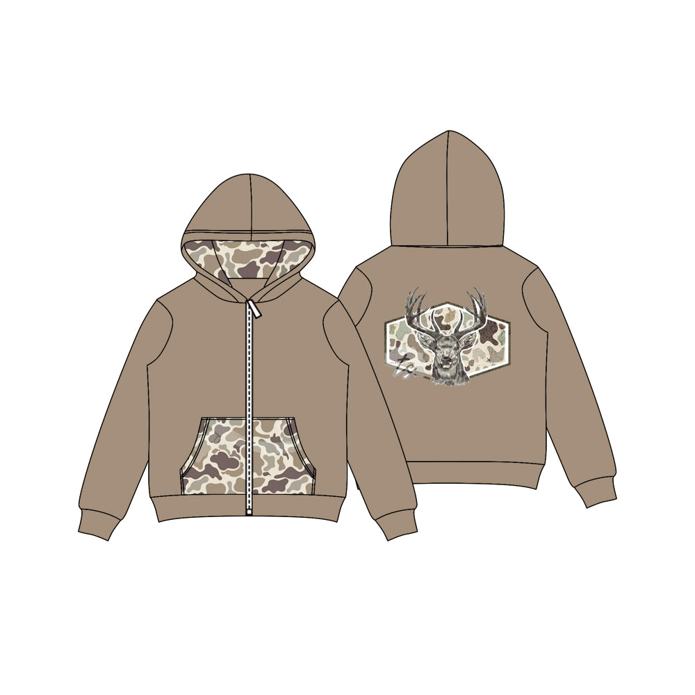 (Preorder new) No moq GT1144 Baby Boys Western Brown Camo Deer Zipper Pockets Boys Hoodie Casual Jacket Top