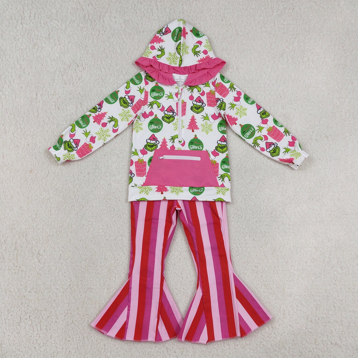 NEW RTS NO MOQ Denim GT1164+ P0043 Cute Clothes Baby Girls Christmas Print Ruffle Hoodie Zip Top Valentines Pink Stripe Bell Jeans Denim Pants Set
