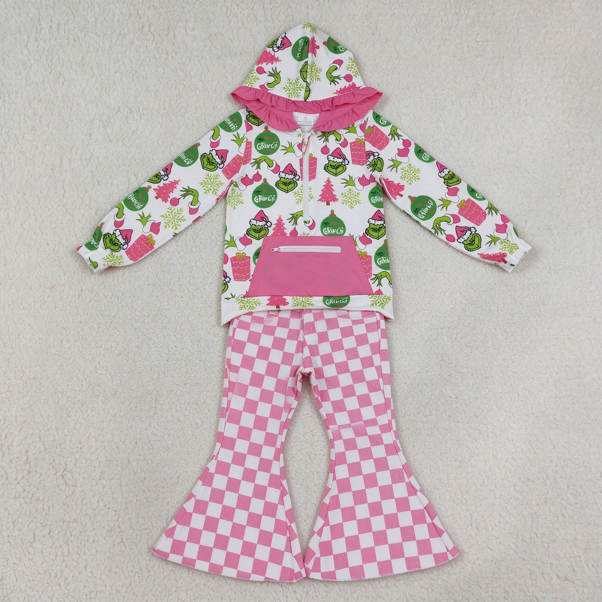 NEW RTS NO MOQ Denim GT1164+ P0348 Cute Clothes Baby Girls Christmas Print Ruffle Hoodie Zip Top Pink Checkered Bell Flare Denim Pants Jeans Set