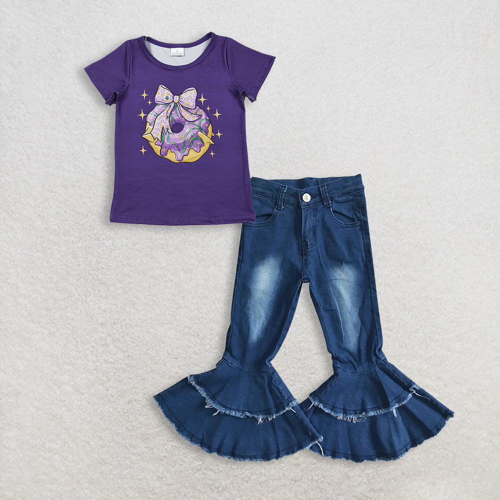 RTS NO MOQ GT1252+P0003 Baby Girls Purple Short Sleeve Bow Donuts Mardi Gras Tee Shirt Top Navy Blue Bleached Double Ruffle Denim Pants
