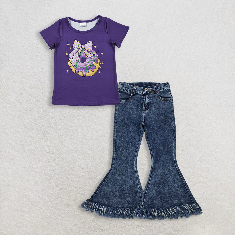 RTS NO MOQ GT1252+P0132 Baby Girls Purple Short Sleeve Bow Donuts Mardi Gras Tee Shirt Top Navy Tassel Denim Bell Pants