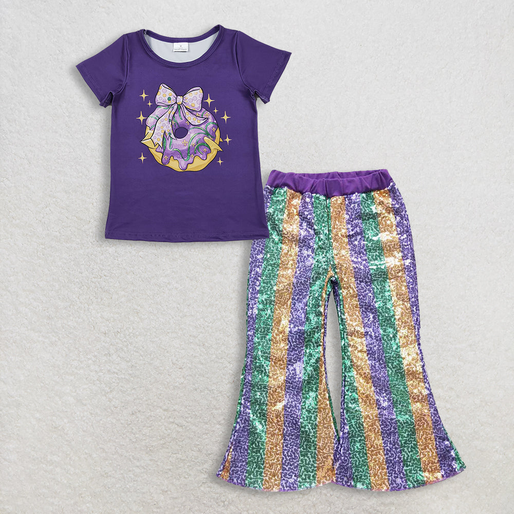RTS NO MOQ(In Stock) GT1252+P0277 Baby Girls Mardi Gras Outfit Set with Flutter Sleeve Top And Sequin Pants Purple Cute And Festive Children's Clothing