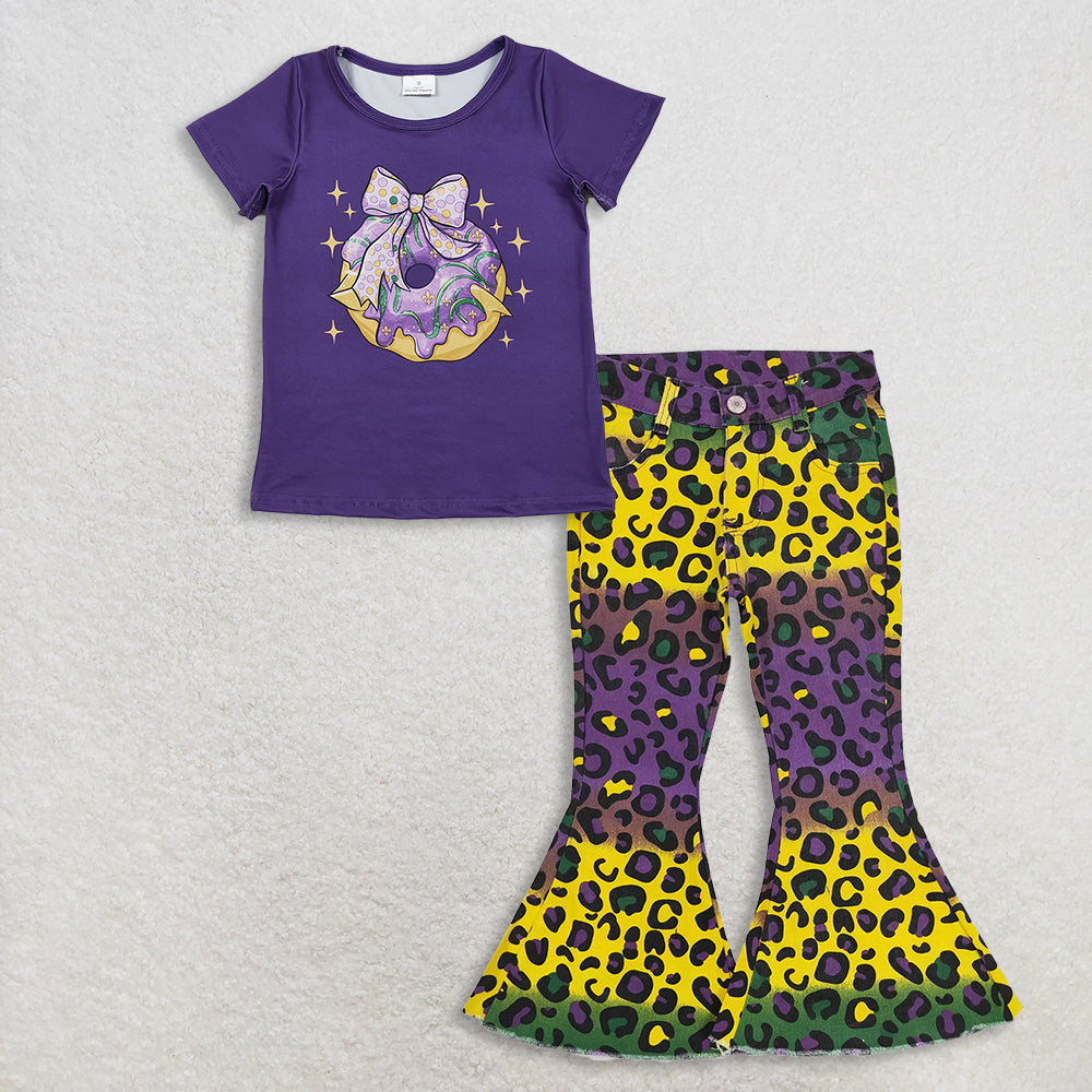 RTS NO MOQ(In Stock) GT1252+P0314 mardi gras bow short-sleeved top jeans pants set