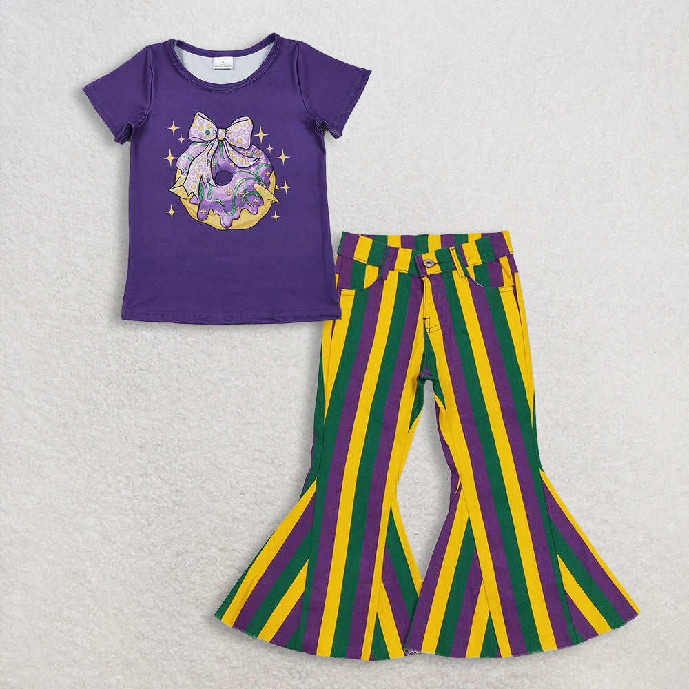 RTS NO MOQ(In Stock) GT1252+P0327 mardi gras bow short-sleeved top jeans pants set