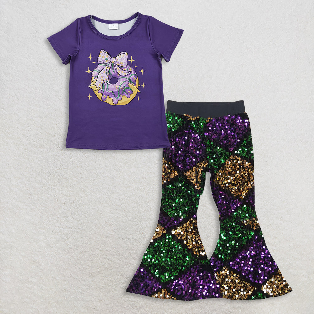 RTS NO MOQ(In Stock) GT1252+P0359 mardi gras short-sleeved top purple sequined pants set
