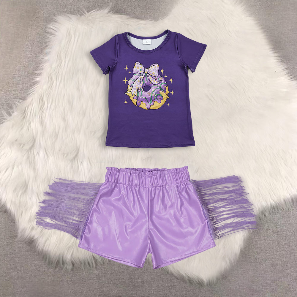 RTS NO MOQ(In Stock) short-sleeved top shiny leather fringed shorts sets