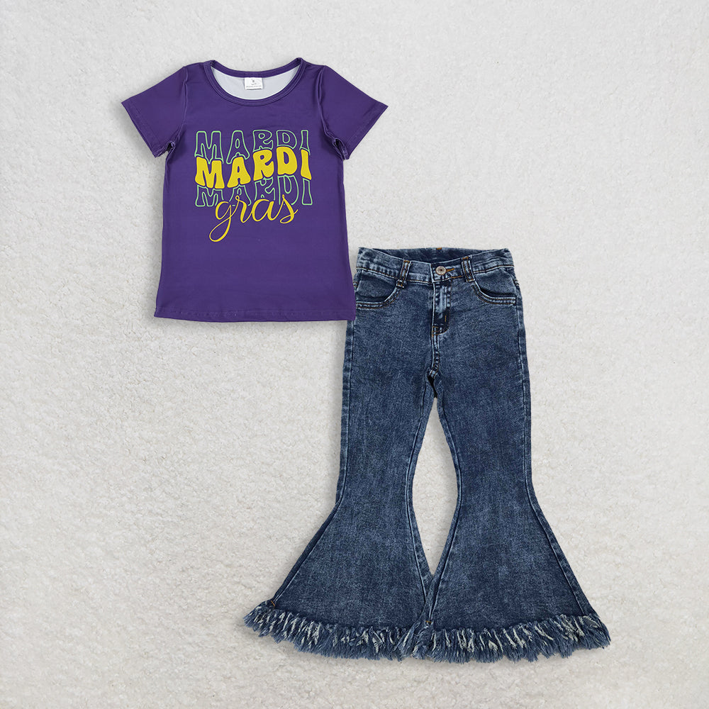 RTS NO MOQ GT1253+P0132 Baby Girls Purple Short Sleeve Mardi Gras Tee Shirt Top Navy Tassel Denim Bell Pants