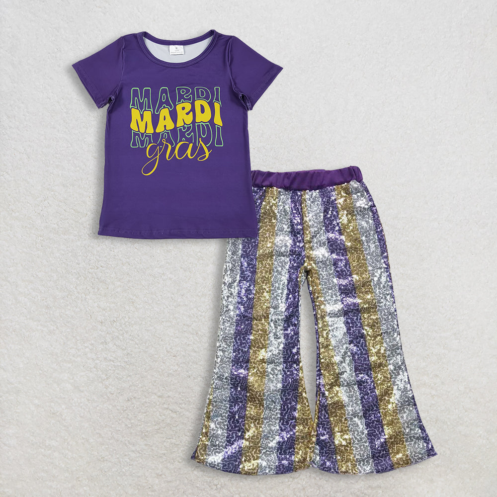 RTS NO MOQ(In Stock) GT1253+P0276 mardi gras bow short-sleeved top sequined pants set
