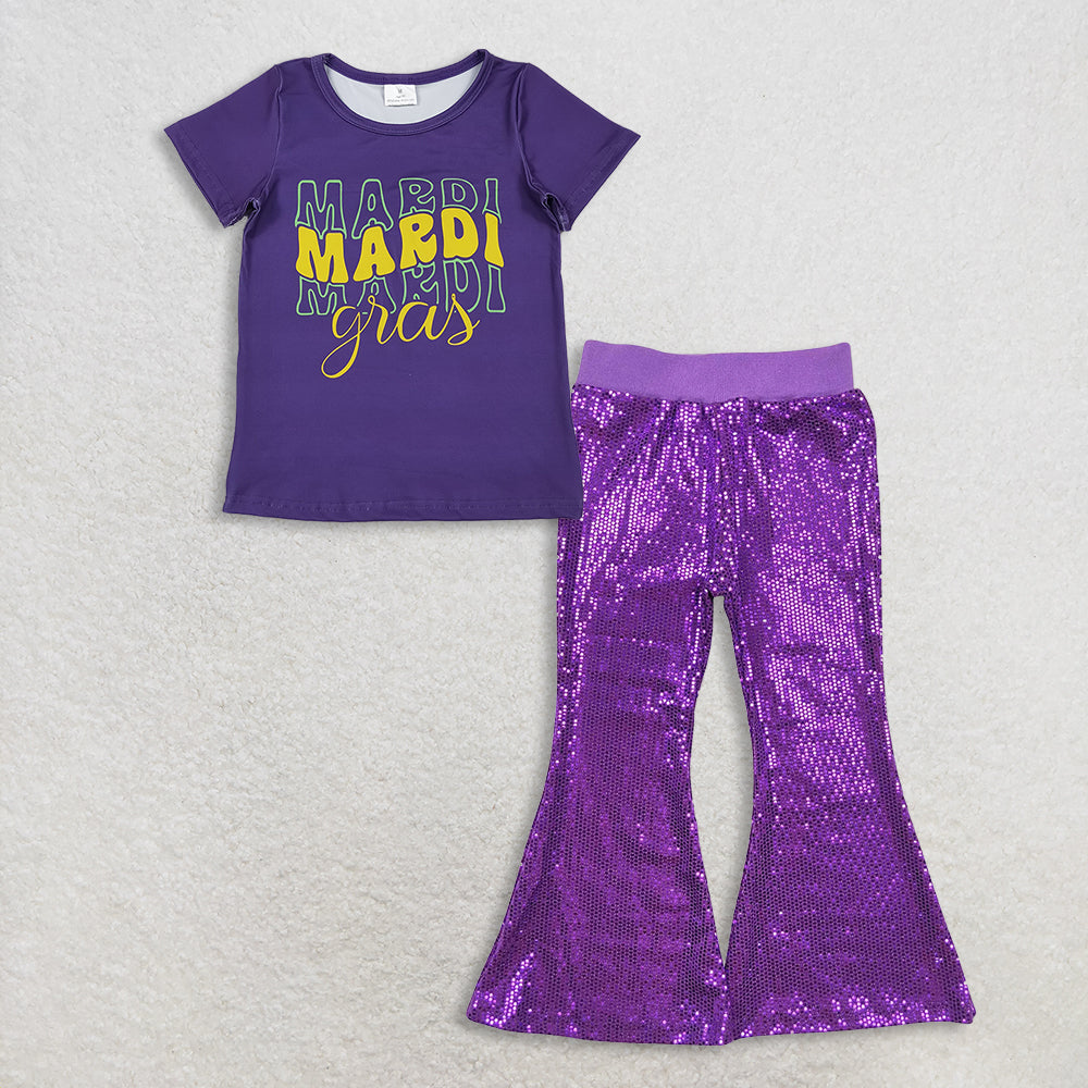 RTS NO MOQ(In Stock) GT1253+P0500 Baby Girls Mardi Gras Outfit Set with Flutter Sleeve Top And Sequin Pants Purple Cute And Festive Children's Clothing