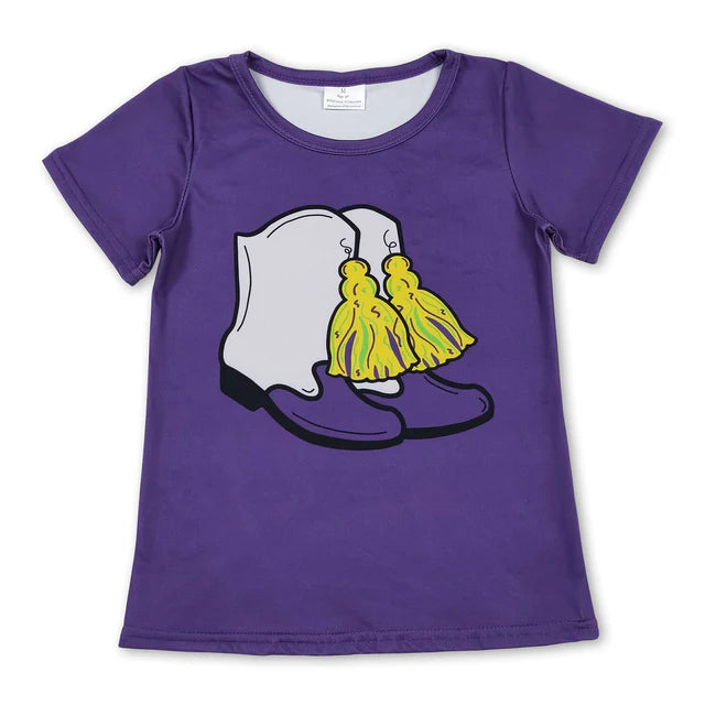 RTS NO MOQ Milk Silk Sibling Baby Girls Purple Short Sleeve Bow Donuts Boots Tassel Mardigras T-shirts Tops