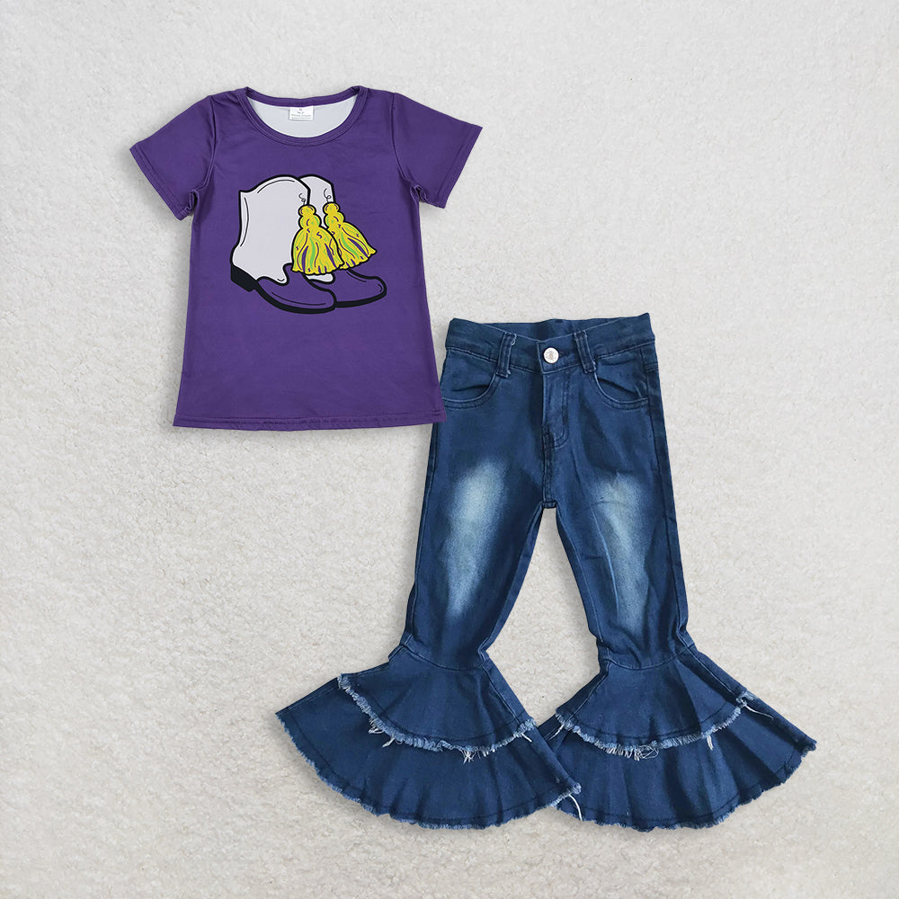 RTS NO MOQ GT1254+P0003 Baby Girls Purple Short Sleeve Boots Tassel Mardi Gras Tee Shirt Top Navy Blue Bleached Double Ruffle Denim Pants