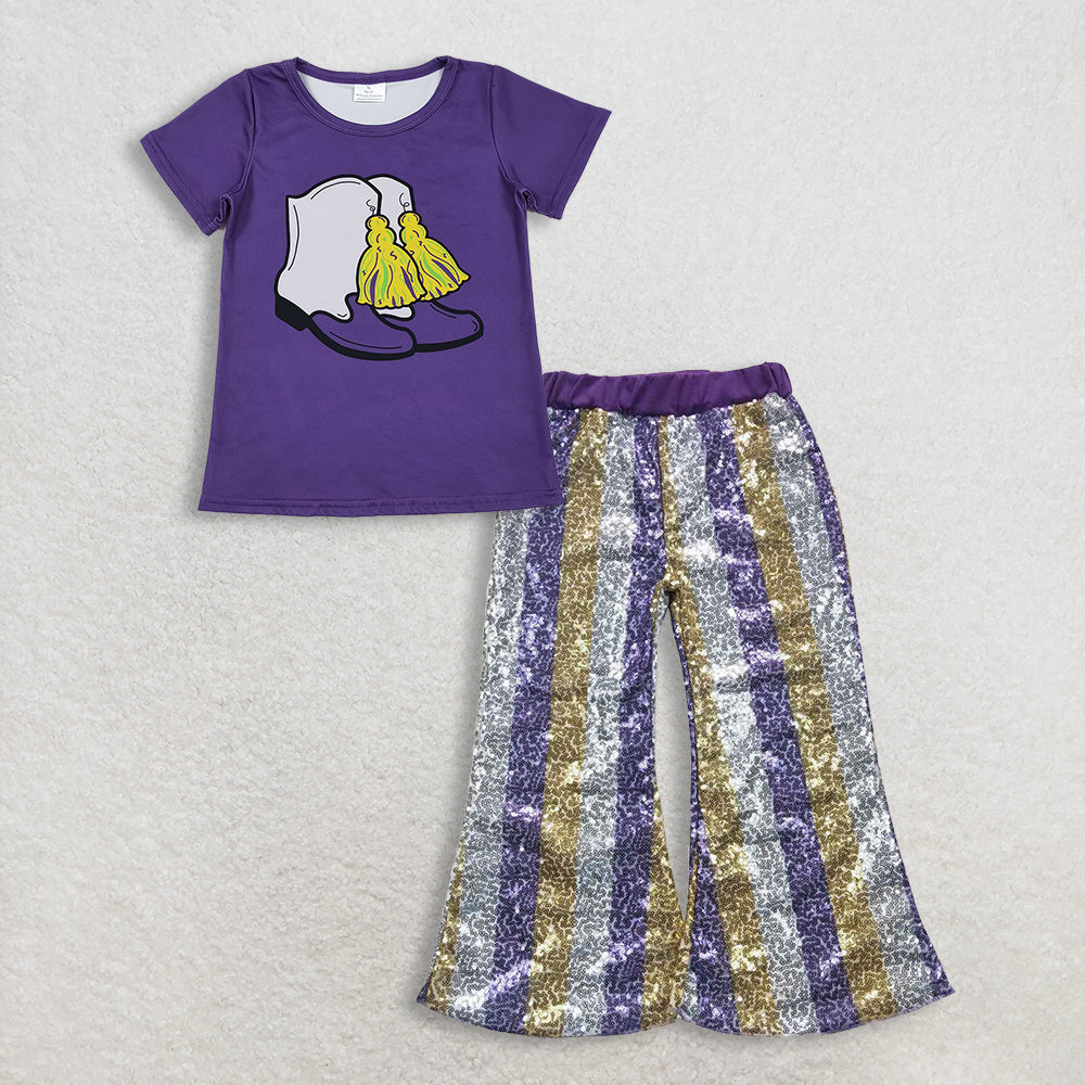RTS NO MOQ(In Stock) GT1254+P0276 mardi gras bow short-sleeved top purple sequined pants set