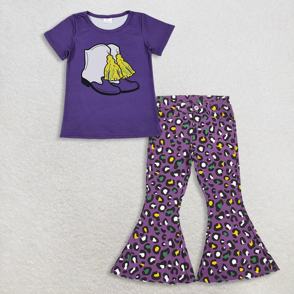 RTS NO MOQ(In Stock) GT1254+P0313 mardi gras short-sleeved top demin pants set