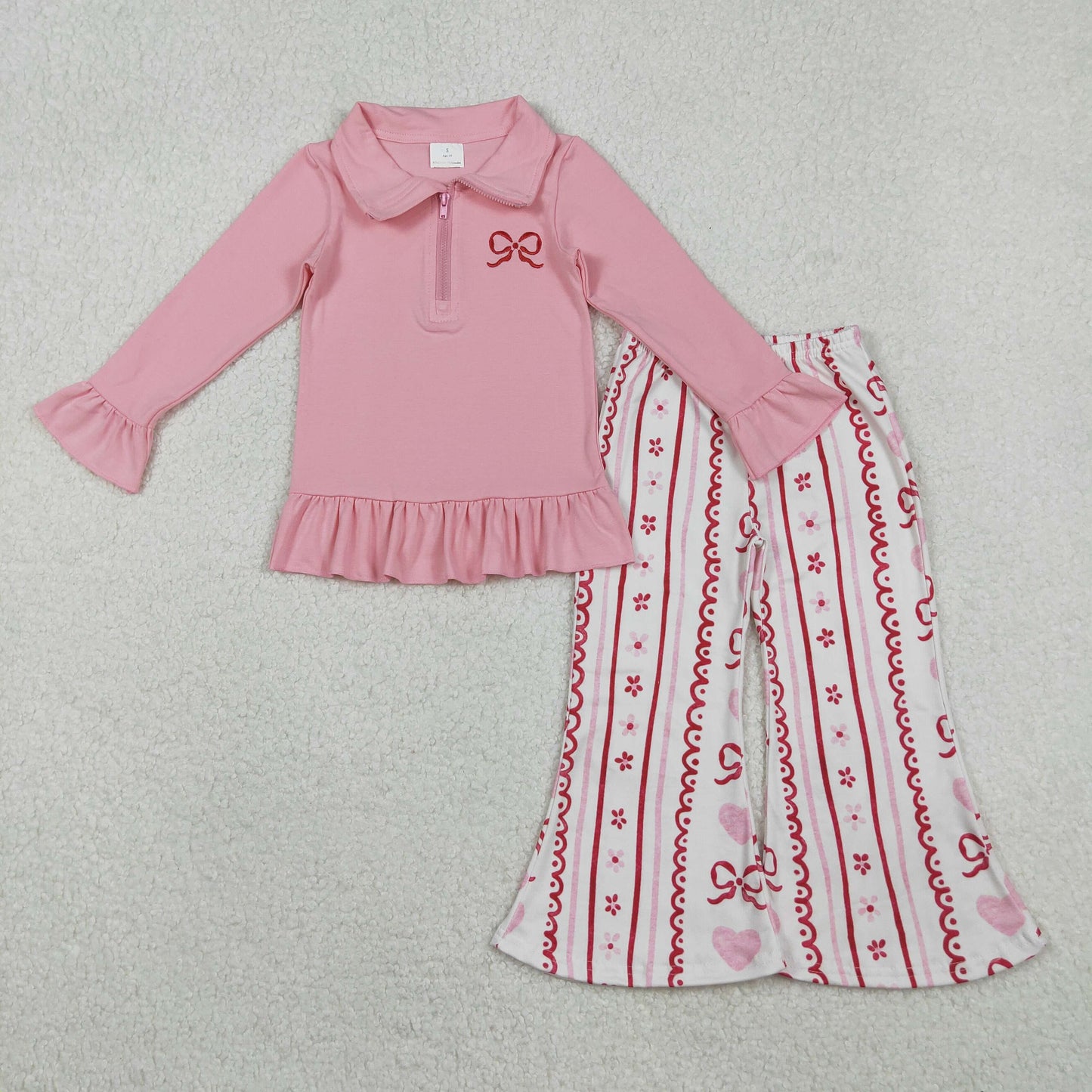 RTS NO MOQ(In Stock ) GT1270+P0894 Embroidered Red Bow Pink Lace Zipper Long-Sleeve Top Heart Pants set-GLP2934