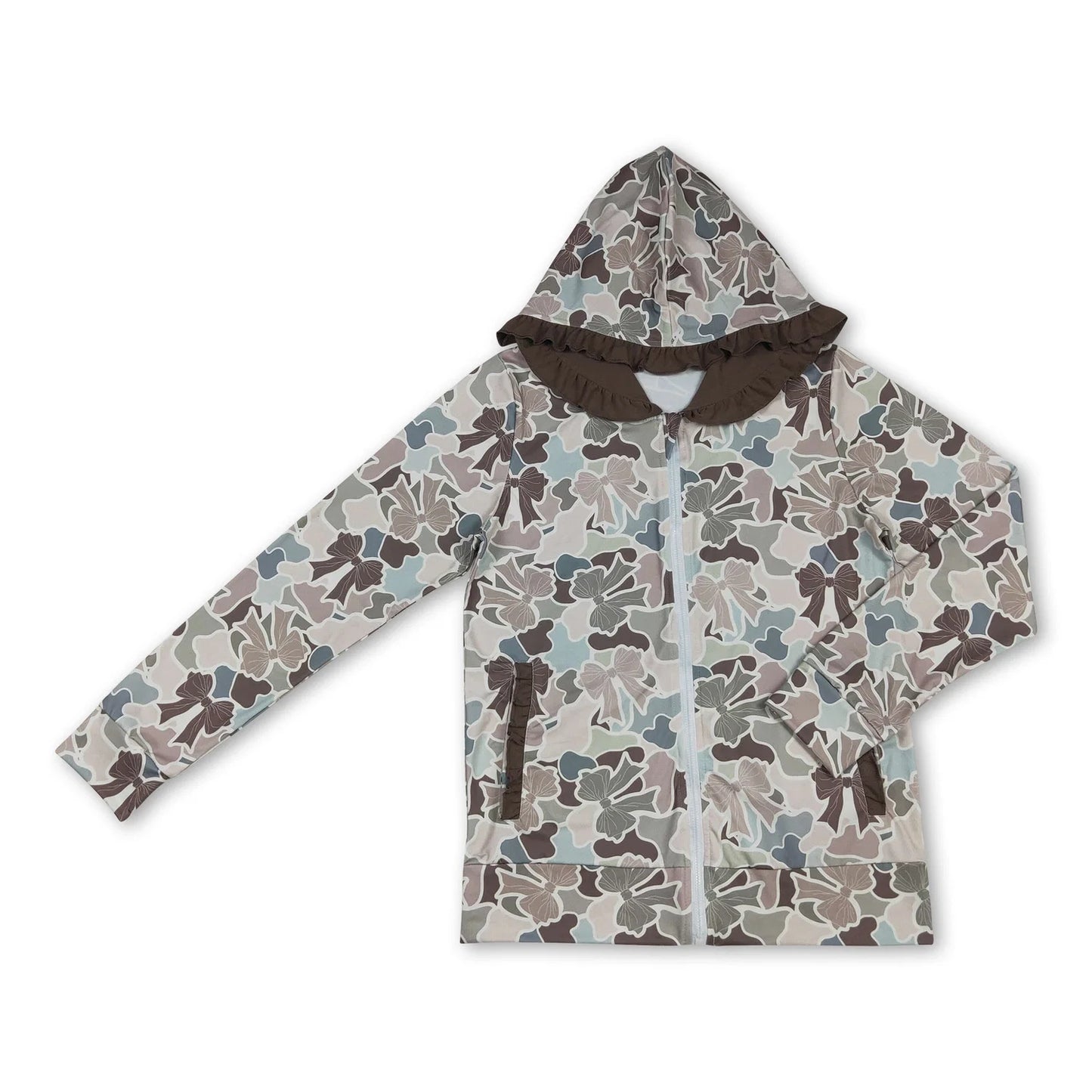 RTS NO MOQ milk silk Sibling Adult To Match Kids Bows Camo Print Pockets Zipper Hunting Ruffle Hoodies Top Casual Top