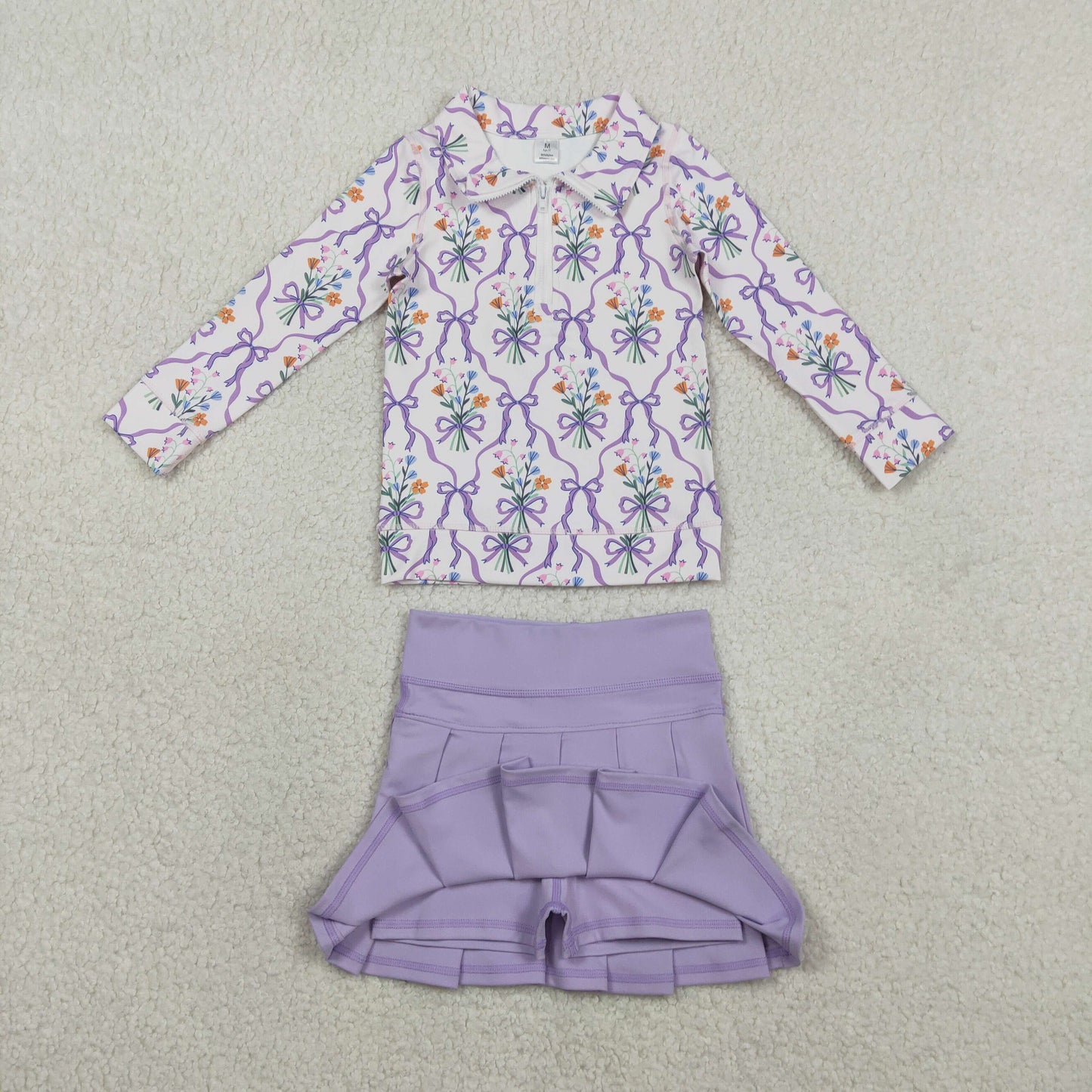 RTS NO MOQ GLD1416 Baby Girls Lavender Checked Yoga Active Top with Purple Bows And Flowers Zipper Pullover Skirt for Kids