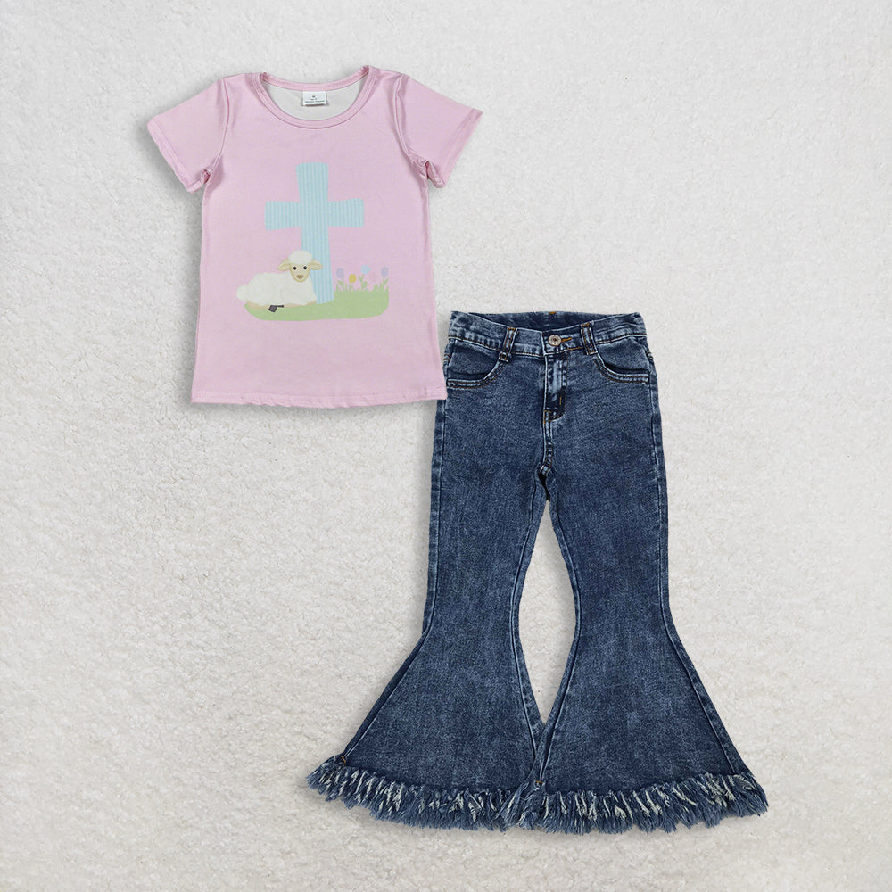 RTS NO MOQ GT1394+P0132 Baby Girls Pink Short Sleeve Cross Sheep Easter T-shirts Top Navy Tassel Denim Bell Pants