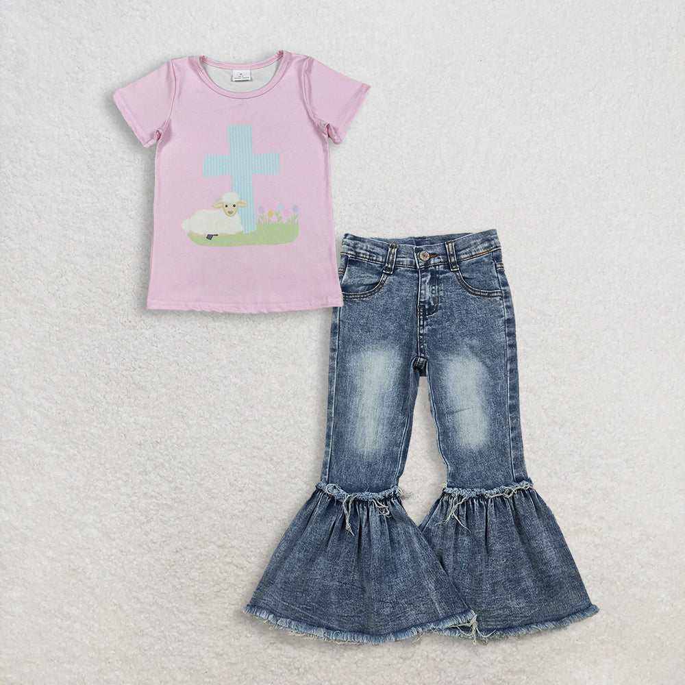 RTS NO MOQ GT1394+P0676 Baby Girls Pink Short Sleeve Cross Sheep Easter T-shirts Top Navy Bleached Denim Flare Pants