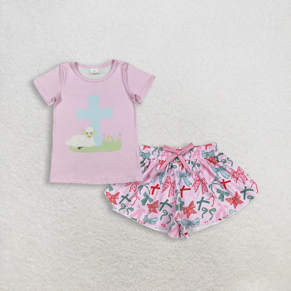 RTS NO MOQ GT1394+SS0578 Baby Girls Pink Short Sleeve Cross Sheep Easter T-shirts Pink Green Bows Summer Shorts Bottoms