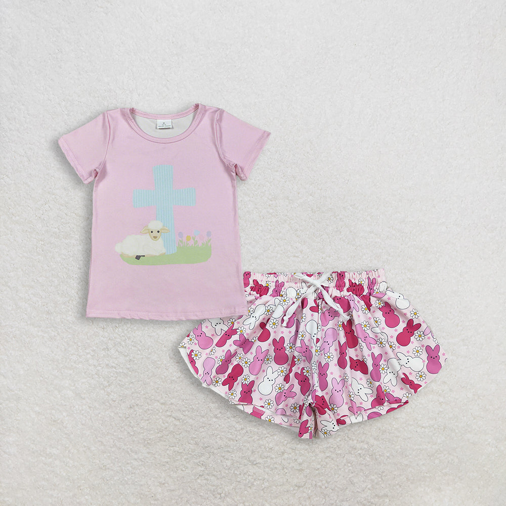 RTS NO MOQ GT1394+SS0714 Baby Girls Pink Short Sleeve Cross Sheep Easter T-shirts Pink Rabbits Flowers Easter Yoga Active Ruffle Shorts