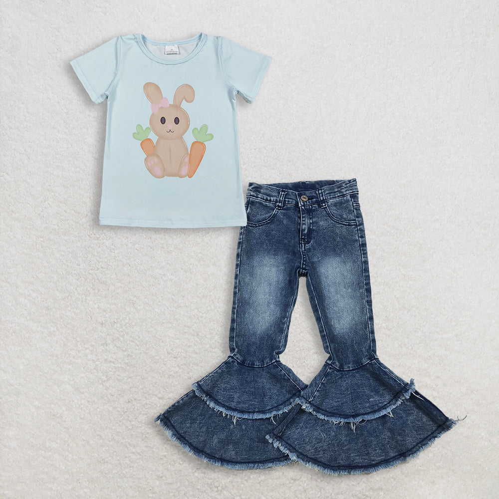 RTS NO MOQ GT1395+C5-15 Baby Girls Short Sleeve Rabbits Carrots Easter T-shirts Top Washed Blue Ruffle Detail Denim Jeans Set for Little Girls