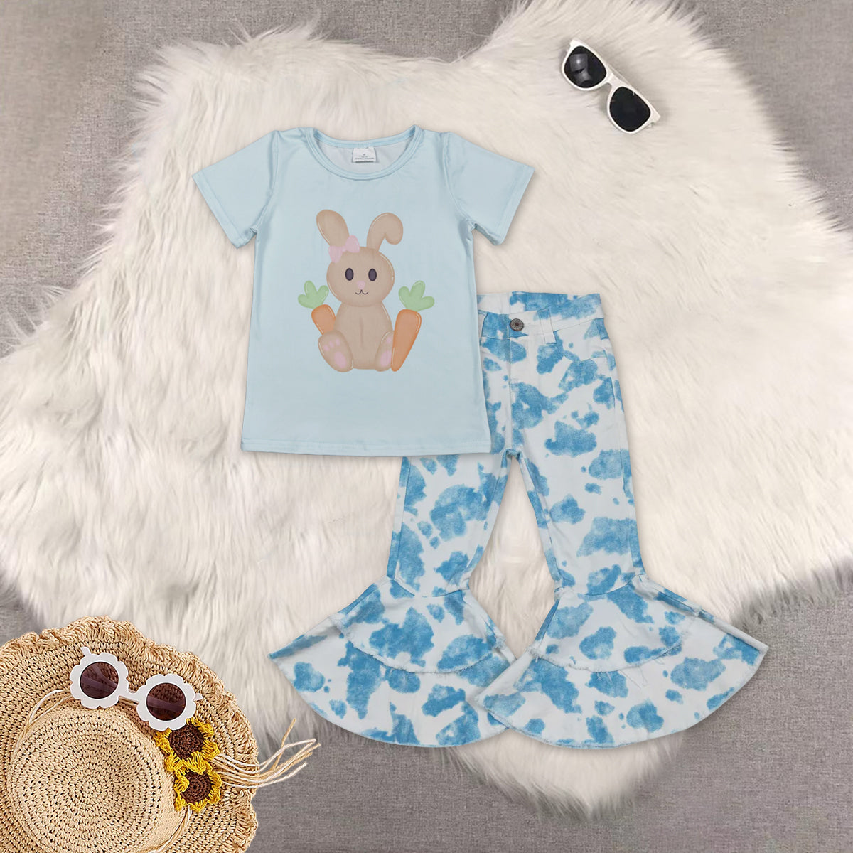 RTS NO MOQ(In Stock) baby girls clothes easter short-sleeved top demin pants set