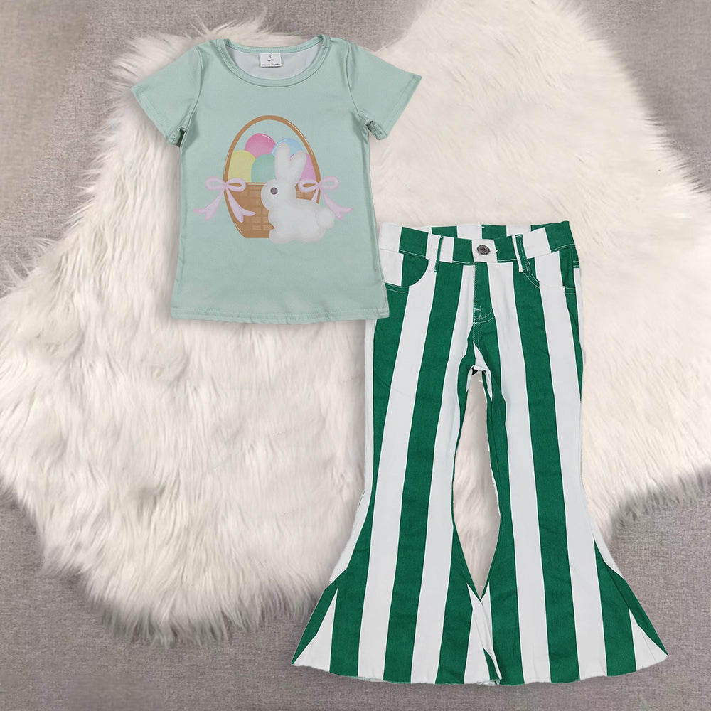 RTS NO MOQ(In Stock) baby girls clothes easter short-sleeved top demin pants set