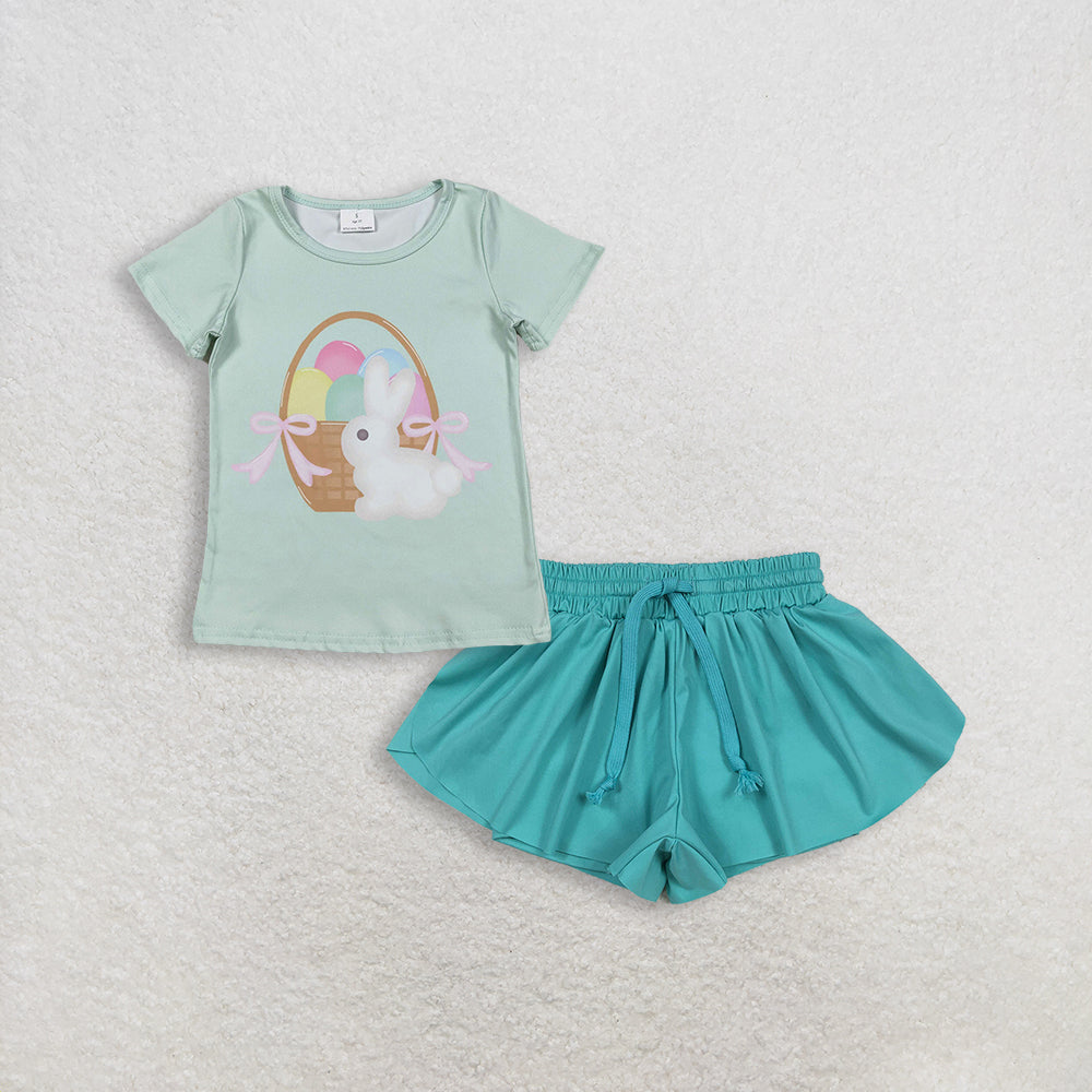 RTS NO MOQ GT1396+SS0553 Baby Girls Easter Short Sleeve T-shirt And Aqua Yoga Shorts Set Fashion Outfit for Little Ones