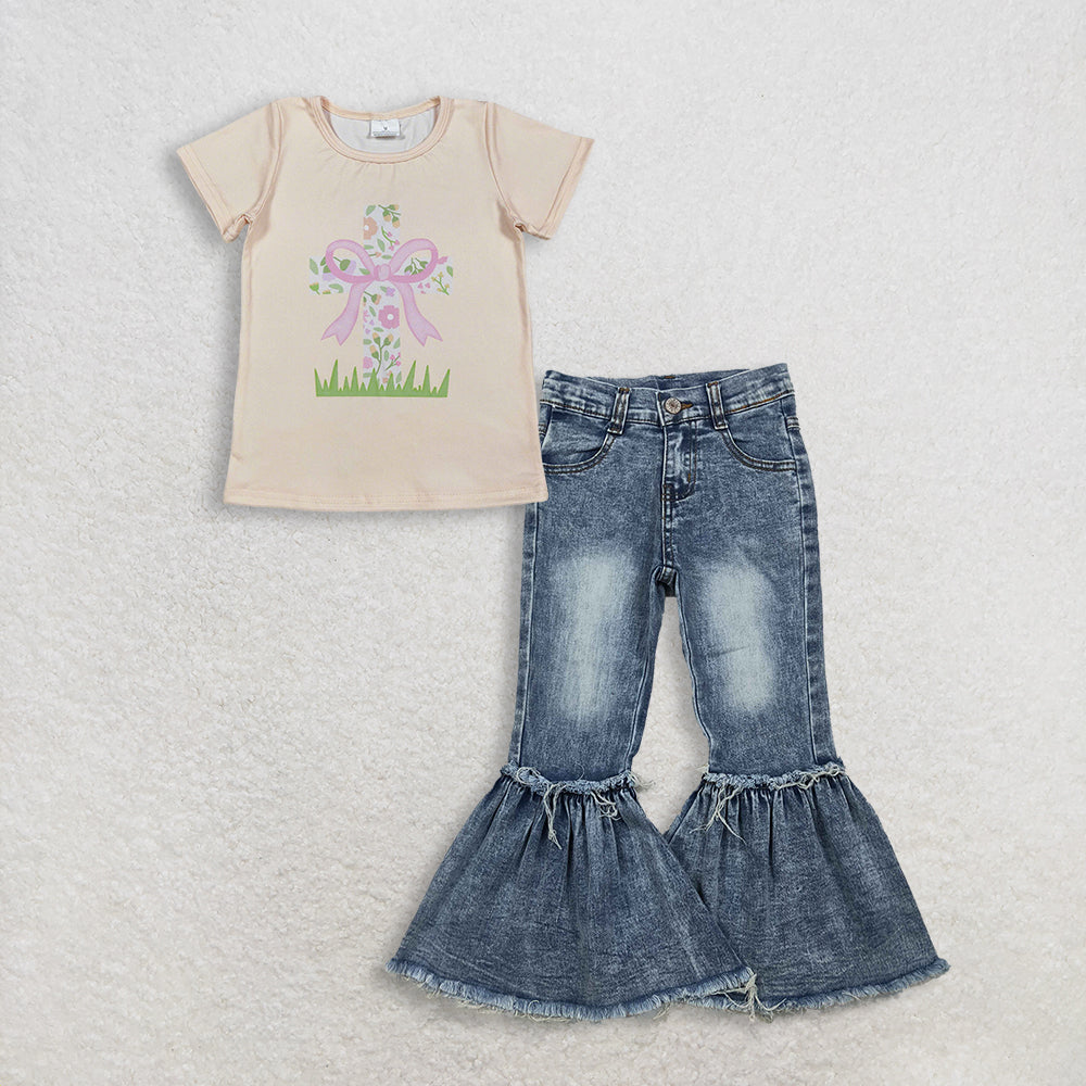 RTS NO MOQ GT1397+P0676 Baby Girls Short Sleeve Flowers Cross Easter T-shirts Top Navy Bleached Denim Flare Pants