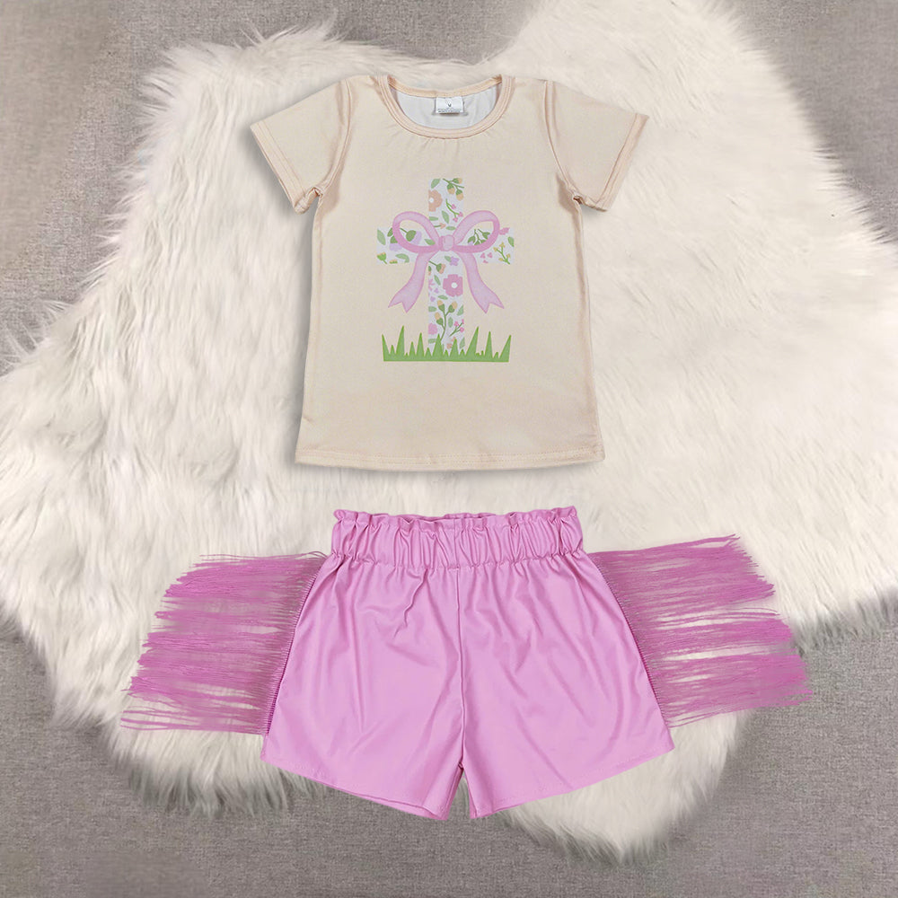 RTS NO MOQ(In Stock) easter short-sleeved top shiny leather fringed shorts sets