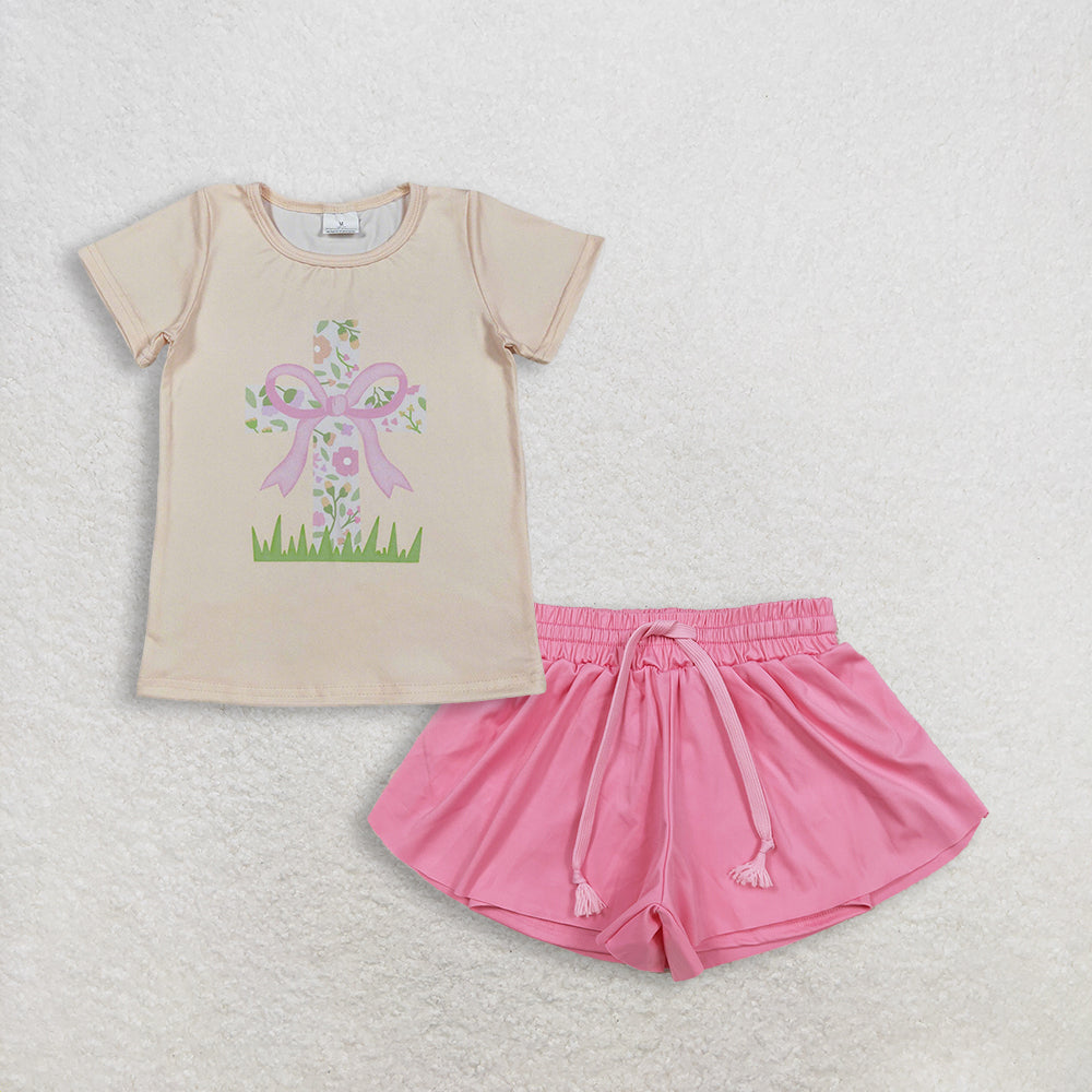 RTS NO MOQ GT1397+SS0546 Baby Girls Easter Short Sleeve T-shirt Pink Yoga Shorts Set Cross Floral Print Top And Bottoms Outfit for Kids