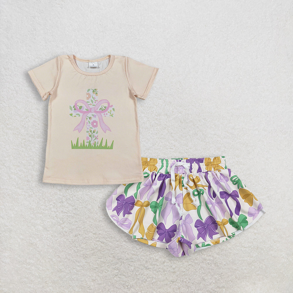 RTS NO MOQ GT1397+SS0684 Baby Girls Easter Short Sleeve T-shirt Mardigras Bows Plaid Yoga Active Shorts Bottoms