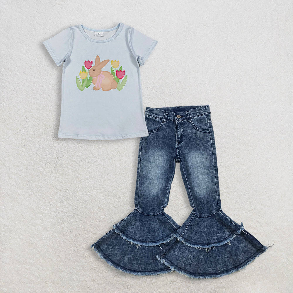RTS NO MOQ GT1398+C5-15 Baby Girls Blue Short Sleeve Flowers Rabbits Easter T-shirts Top Washed Blue Ruffle Detail Denim Jeans Set for Little Girls