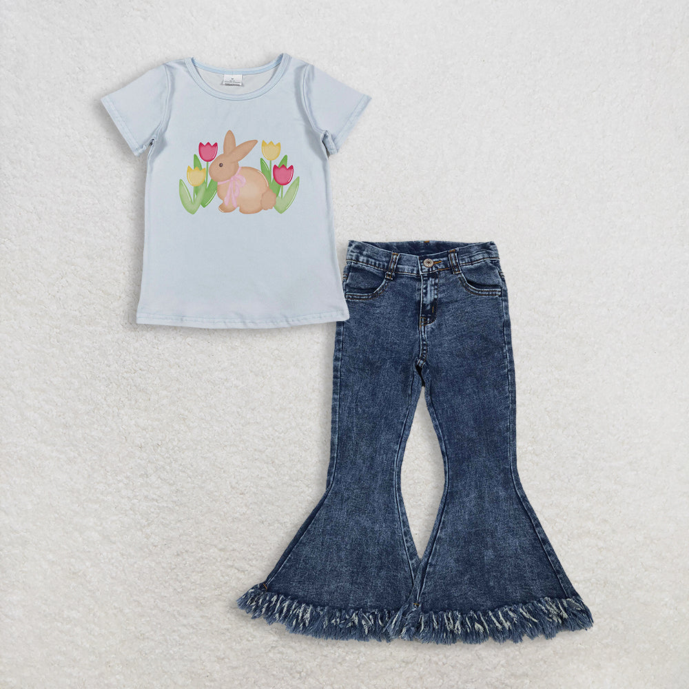 RTS NO MOQ GT1398+P0132 Baby Girls Blue Short Sleeve Flowers Rabbits Easter T-shirts Top Navy Tassel Denim Bell Pants
