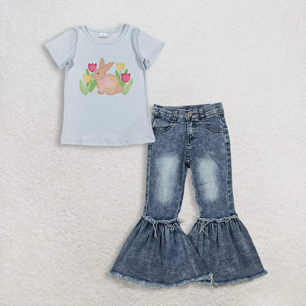 RTS NO MOQ GT1398+P0676 Baby Girls Blue Short Sleeve Flowers Rabbits Easter T-shirts Top Navy Bleached Denim Flare Pants