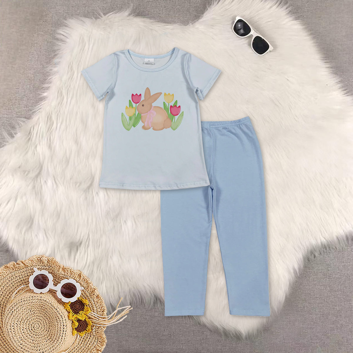 RTS NO MOQ(In Stock) baby girl clothes easter short-sleeved top Pants set
